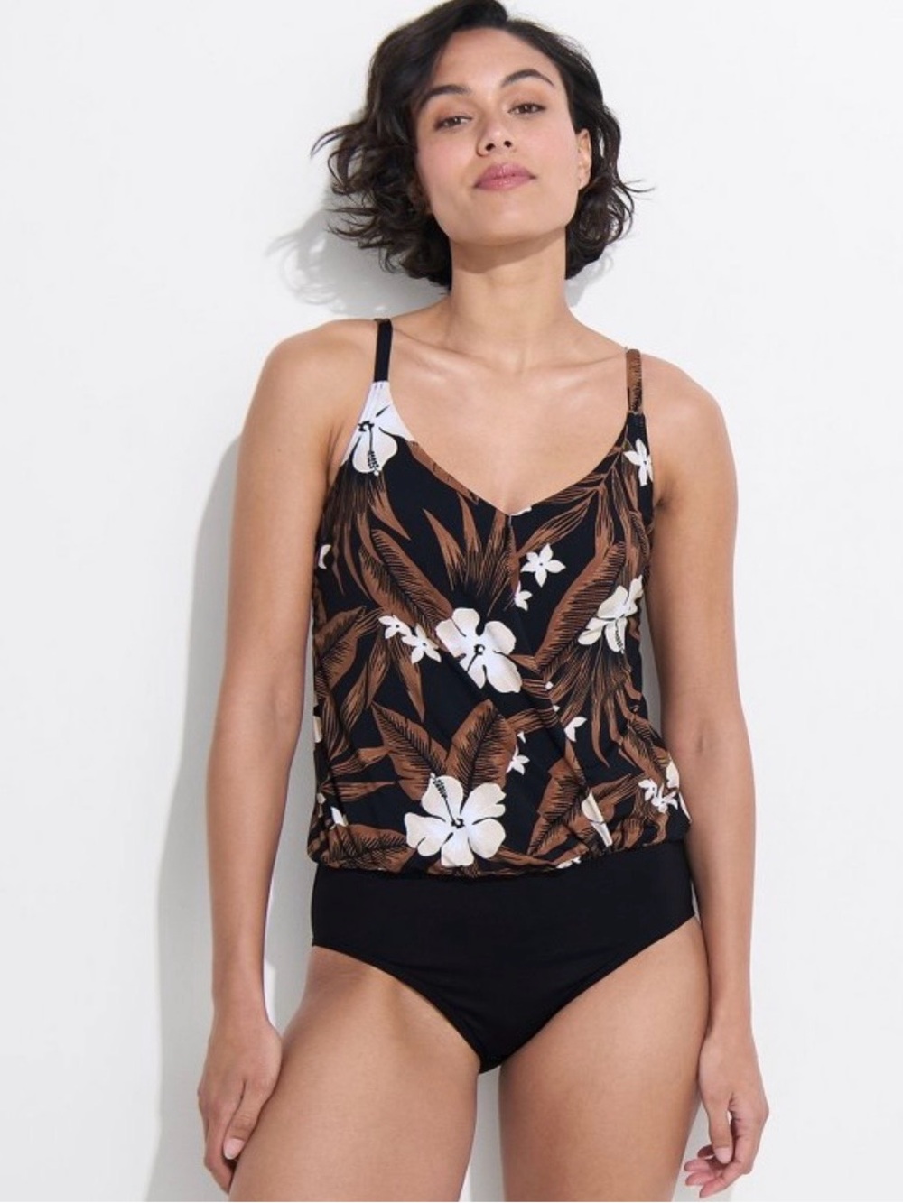 Lands End Black Floral Blouson Tankini Top